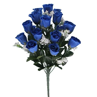 Image of royal blue rose bud artificial flowers bush bunch grave/wedding/home