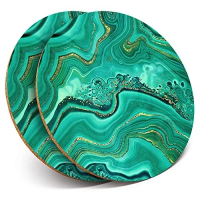 Image of 2 x Round Coasters Green Agate Marble Effect Ink Art Cork Backed Home Kitchen Accessory Tea Coffee Mug Mat #21830