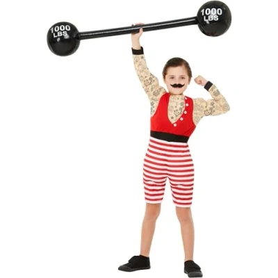 Image of Smiffys Deluxe Strong Boy Costume, Multi Coloured with Short Jumpsuit &amp; Moustache, Boys Fancy Dress, Child Dress Up Costumes