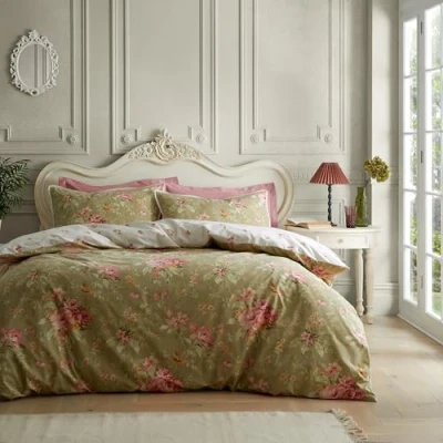 Image of Catherine Lansfield Bridgerton Penelope Floral Reversible Single Duvet Cover Set with Pillowcase Green