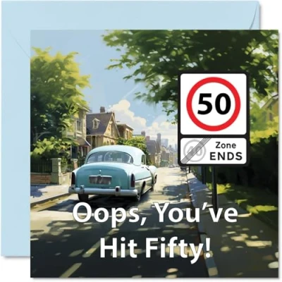 Image of Funny 50th Birthday Cards for Men Woman You&#039;ve Hit Fifty Happy Card Brother Sister Dad Mum Grandad Nanny Grandma Uncle Auntie, 145mm x Joke Banter Bday Greeting