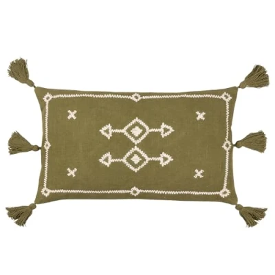 Image of Yard Folis Embroidered Feather Filled Cushion Khaki Cotton Size 30 cm x 50
