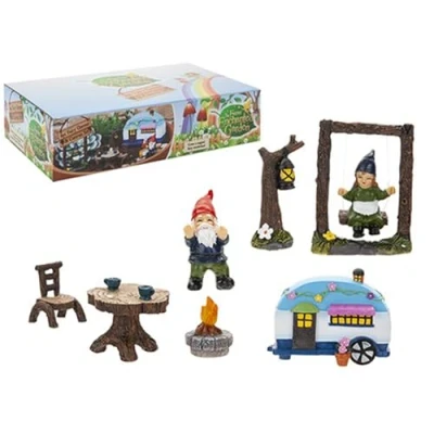 Image of Enchanting Multicolor Secret Fairy Garden Gnome And Caravan Set (8 Piece) Unique &amp; Whimsical Display Perfect Gift for Magic Lovers