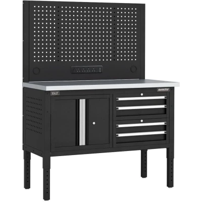 Image of Superline Pro Modular Workbench with 4 Drawers &amp; Cupboard Stainless Steel Worktop 1265mm