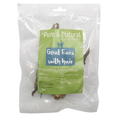 Image of Pure &amp; Natural Goat Ears for Dogs with Hair 100% Natural, Low Fat, High Protein, Hypoallergenic Dog Chews, Gluten Free Treats of All Ages Pack 3