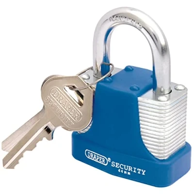 Image of Draper Laminated Steel Padlock and 2 Keys with Hardened Shackle Bumper, 44mm