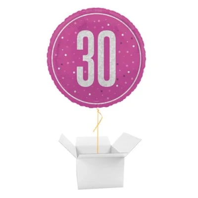 Image of Hot Pink Glitz Age 30 Holographic Round Foil Helium Balloon Inflated in a Box