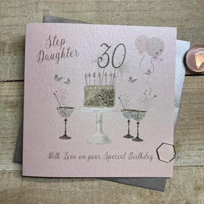 Image of WHITE COTTON CARDS Happy 30th Birthday Card Step Daughter Champagne Glasses Pink &amp; Gold Sparkly Cake SS42 SD30