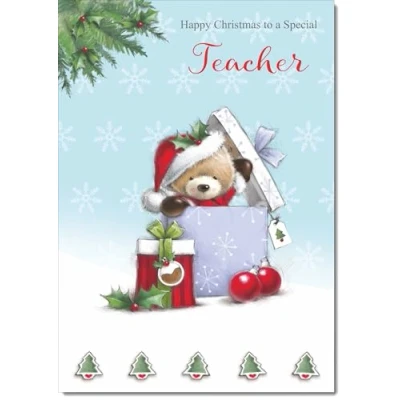 Image of doodlecards Teacher Christmas Card Cute Bear Parcel Large A4 Size for with Plain Envelope