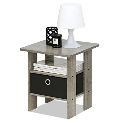 Image of Furinno Andrey End Table, Side Nightstand with Bin Drawer, French Oak/Black