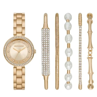 Image of Skechers Watch Set For Women, Quartz Movement With Silicone, Polyurethene, Leather Or Stainless Steel Strap, Gold tone set, 32MM