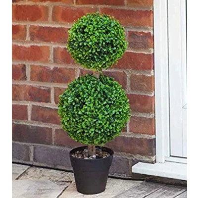 Image of Garden Mile Topiary Tree Ball Boxwood Ornaments: Faux Plants for Indoor/Outdoor Decor. Double or Treble Bobble Design. Perfect Doorways, Porches, Decking!