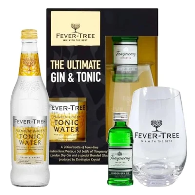 Image of Fever Tree Gin Gift Set Ultimate Indian Tonic Water 20cl, Dry 5cl Miniature Alcohol Bottles &amp; Branded Glass for Birthday Gifts, Christmas Gifts Women, Stocking Fillers
