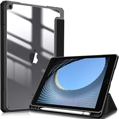 Image of FINTIE Hybrid Case Compatible with iPad 9th / 8th 7th Generation (2021/2020/2019 Release) 10.2 inch Shockproof Cover Clear Back Shell w/Pencil Holder, Auto Wake/Sleep, Black