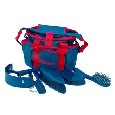 Image of Rhinegold NAVY Grooming Bag with KIT, 7 Pieces Equestrian Gift Set that Includes All Types of Horse Hair Brush, Curry Comb, and Hoof Pick a Multipurpose