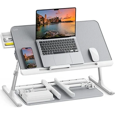 Image of Laptop Bed Table, SAIJI 100% Eco friendly wooden planks, Stand with Drawer, Folding Legs, 40kg Load, Angle Height Adjustable, Reading, Eating on Bed, Sofa (Grey 23.6 * 12.6in)
