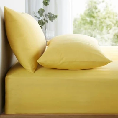 Image of Appletree Yellow Super King Fitted Sheet 182 x 200 28cm Plain Bedding Light Bed Soft &amp; Luxury 100% Cotton