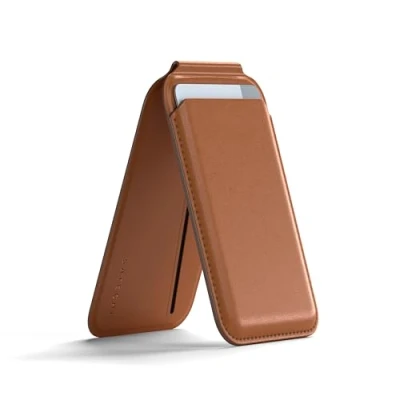 Image of Satechi Magnetic Magsafe Wallet, Synthetic Material Double Flap Stand Card Holder, 4 Slots with Front NFC Pass Through, Adjustable Phone Attachment for iPhone 16/15/14/13/12, Travel Accessory, Brown