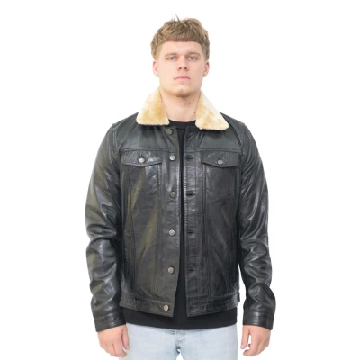 Image of Men&#039;s Black Leather Jacket Trucker Removable Sheepskin Sherpa Collar Casual Jeans Coat 3XL