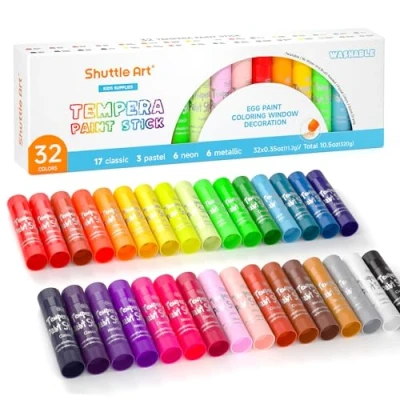 Image of Shuttle Art Tempera Paint Sticks for Children, 32 Colours, Washable Gouache Kids, Twistable, Mess Free, Fast Drying, Work Great on Paper Wood Glass Ceramic Canvas