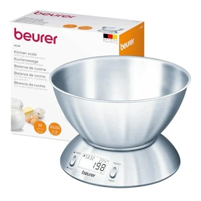 Image of Beurer KS54 Modern Digital Kitchen Scale Stainless Steel Design with 1.5l Weighing Bowl Tare Function Temperature Timer 5kg Weight Capacity, 708.40