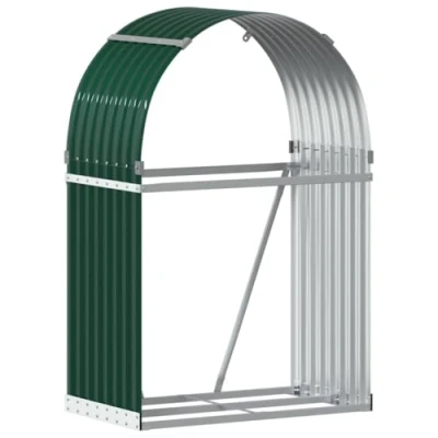 Image of vidaXL Galvanised Steel Log Holder Green Firewood Rack Stand for Outdoor, Fireplace Wood Storage, 80x45x120 cm with Wall Hooks