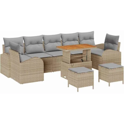 Image of vidaXL 10 Piece Garden Sofa Set with Cushions Beige Poly Rattan Acacia