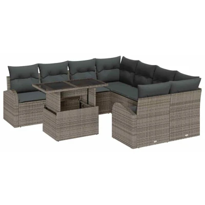 Image of vidaXL 9 Piece Garden Sofa Set with Cushions Grey Poly Rattan