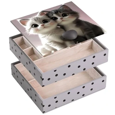 Image of AdelDream Jewellery Box Organiser with 2 Levels Gift for Women Daughter and Girlfriend Birthday Holidays Two Cats