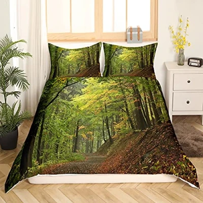 Image of Forest Bedding Set Double Size Autumn Comforter Cover Trees Foggy Print Duvet with 2 Pillowcases Soft Microfiber Zipper Decorative Woodland Scene Quilt 3 Piece Lightweight