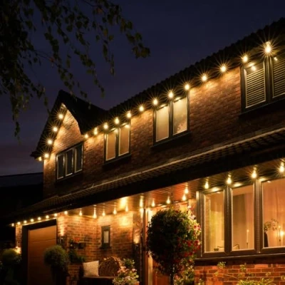 Image of Festive Lights ConnectPro® 5m Connectable IP65 Outdoor Permanent Downlights 70 Warm White SMD LEDs Mains Powered Plug in Home Security Lighting on Heavy Duty Black Rubber Cable (with Plug)