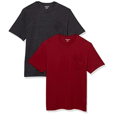 Image of Amazon Essentials Men&#039;s T Shirt Regular Fit Short Sleeve Crewneck Pocket, Pack of 2, Burgundy/Charcoal Heather, XS
