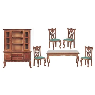 Image of Town Square Miniatures Dolls House Walnut &amp; Green Dining Room Furniture Set with Dresser Table Chairs