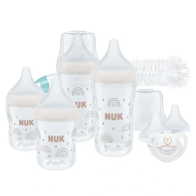 Image of NUK Perfect Match Start Baby Bottles Set 0 6+ Months Adapts to Baby&#039;s Palate 4 x Anti Colic Bottles, Dummy, Bottle Brush &amp; More BPA Free 9 Count