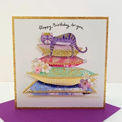 Image of Open Female Birthday Card from the Artisan Range Cat on Cushions Foil &amp; Embossed Finish for Her