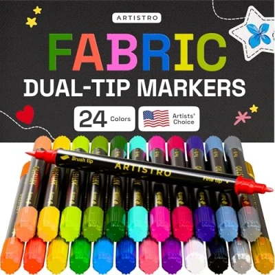 Image of ARTISTRO 24 Fabric Markers Dual Tip Permanent for Clothes No Bleed Pens T Shirts, Bags, Textile, Canvas, and more (Brush Fine Tip)