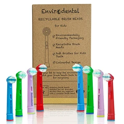Image of Eco Friendly Oral B Compatible Replacement Kids Toothbrush Heads by Envirodental Fully Recyclable Colourful Pack of 8 Brushes with Soft Bristles for Electric Toothbrushes