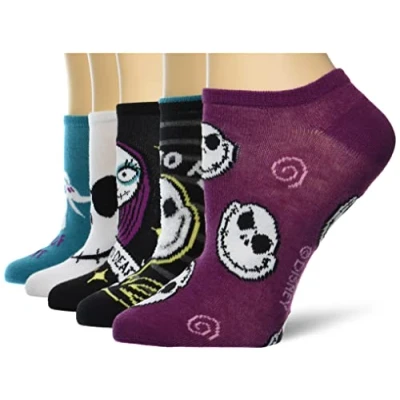 Image of Disney Women&#039;s Nightmare Before Christmas 5 Pack No Show Socks Casual, White Teal Multi, 8 10 UK