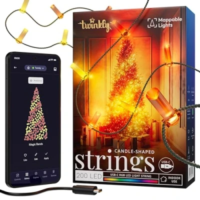 Image of Twinkly Strings Candle 200 LED, Shaped LED Light String, RGB Multicolor Lights, Compatible with Alexa, Google Home, Gaming USB C Power, Green Wire, 2 x 6m