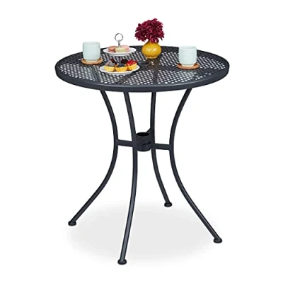 Image of Relaxdays Round Garden Table, Parasol Hole, Lattice Design, Weatherproof, Steel, HxD: 72x70 cm, Balcony, Charcoal Colour