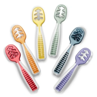 Image of NumNum Pre Spoon GOOtensils Baby Set (Stage 1 + Stage 2) BPA Free Silicone Self Feeding Toddler Utensils for Kids Ages 6 Months+, Pack, Spoons, Rainbow
