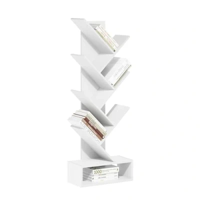 Image of Furinno Tree Bookshelf 7 Tier Floor Standing Bookcase with Bottom Shelf, White