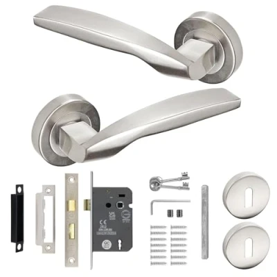 Image of Decoranddecor Brushed Chrome Door Handles Lever On 54mm Rose Alloy with Sash Lock Kit