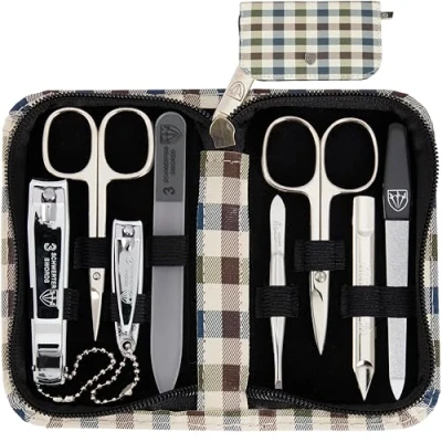 Image of 3 Swords Germany brand quality 8 piece manicure pedicure grooming kit set for professional finger &amp; toe nail care scissors clipper fashion leather case in gift box, Made by (002013)