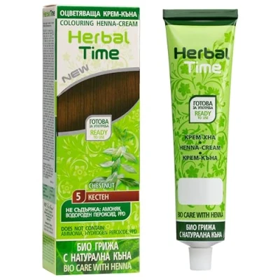 Image of Herbal Time Henna Natural Cream Color Chestnut Nº 5 Coloring with Nettle Extract Gray Hair Cover Temporary Dye Ammonia Free, Sulfates Parabens Free 75 ml