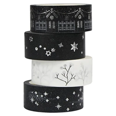 Image of UOOOM 4 Pcs Washi Tape Christmas Deco Black and white Silver foil Design, Masking Paper Sticker Adhesive for Decoration Scrapbooking DIY Craft Gift (Silver)
