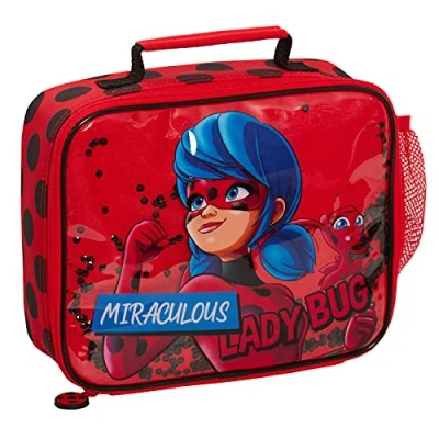 Image of Miraculous Lunch Bag for Girls Red Ladybug Box with Moveable Sequins School Travel Insulated Lunchbag Drinks Holder