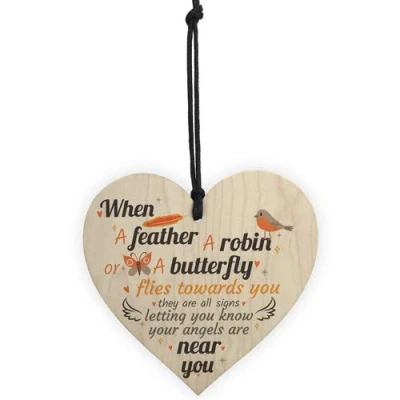 Image of RED OCEAN Angels Are Near Memorial Bereavement Wooden Heart Sign Mum Dad Nan Grandad Special Plaque Gifts Robin