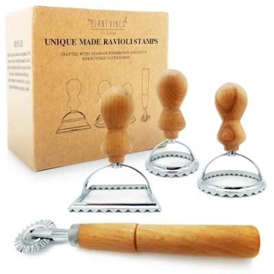 Image of Plantvibes Ravioli Cutter Set of 3, Traditional Stamps with Wooden Handle, Comfortable and Easy, Maker Ideal for Home Made Pasta