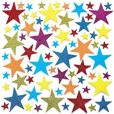 Image of Baker Ross FC750 Rainbow Glitter Star Foam Stickers Pack of 100, Self Adhesive for Kids, Crafts Children